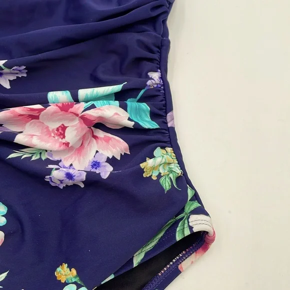 CUPSHE Blue Floral Plunge Halter Tie Neck Tummy Control One-Piece Swimsuit - Picture 5 of 13